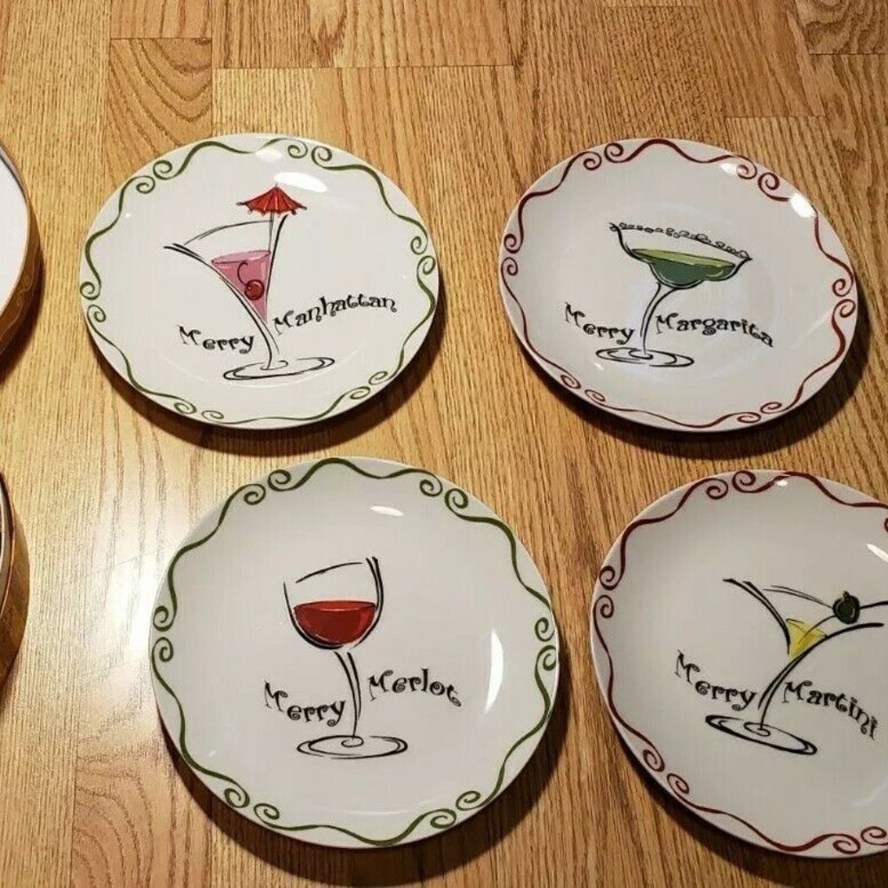 4 Piece Plate Set Merry Margarita, Martini, Merlot, Manhattan